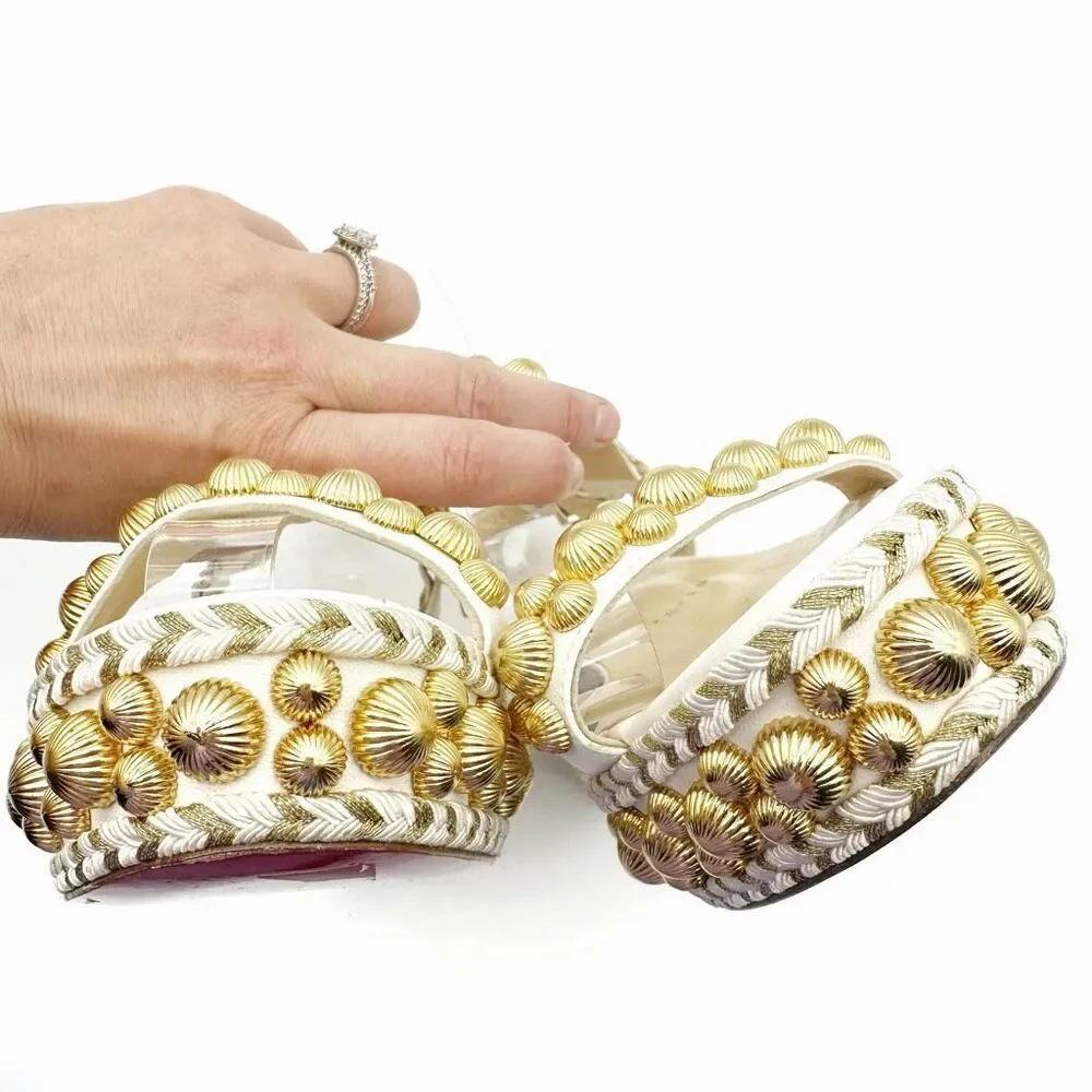 CHRISTIAN LOUBOUTIN Rondaclou Studded Chunky Wedge Heels Size 37 Sandals White